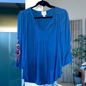 St. John's Bay Peasant Blouse Embroidered Sleeves Size L Boho Flowy Lightweight